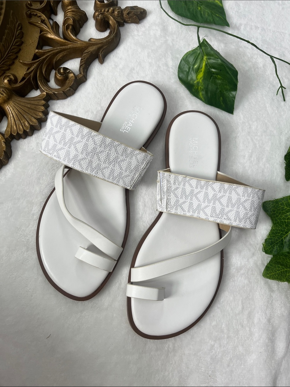 Michael Kors White Logo Strap Toe-Loop Slide Sandals